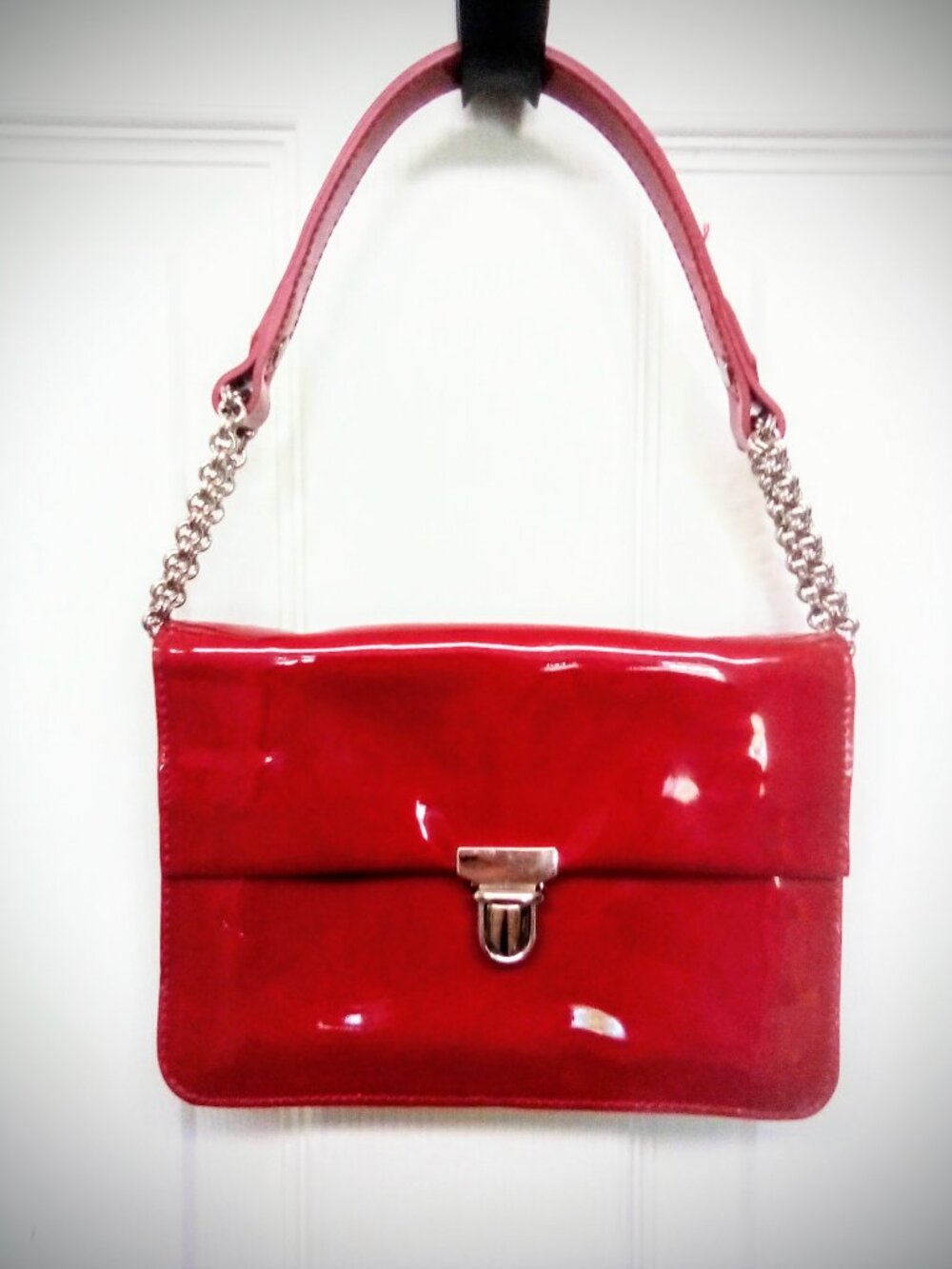 Furla Patent Red Leather Handbag with Silver Chain and Clasp Accessories